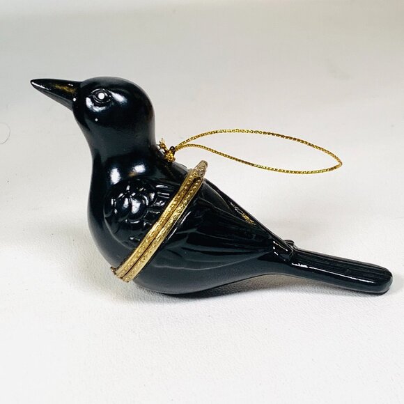 Black Crow Raven Porcelain Hinged Surprise Gift Trinket Box Christmas Ornament - Picture 1 of 9